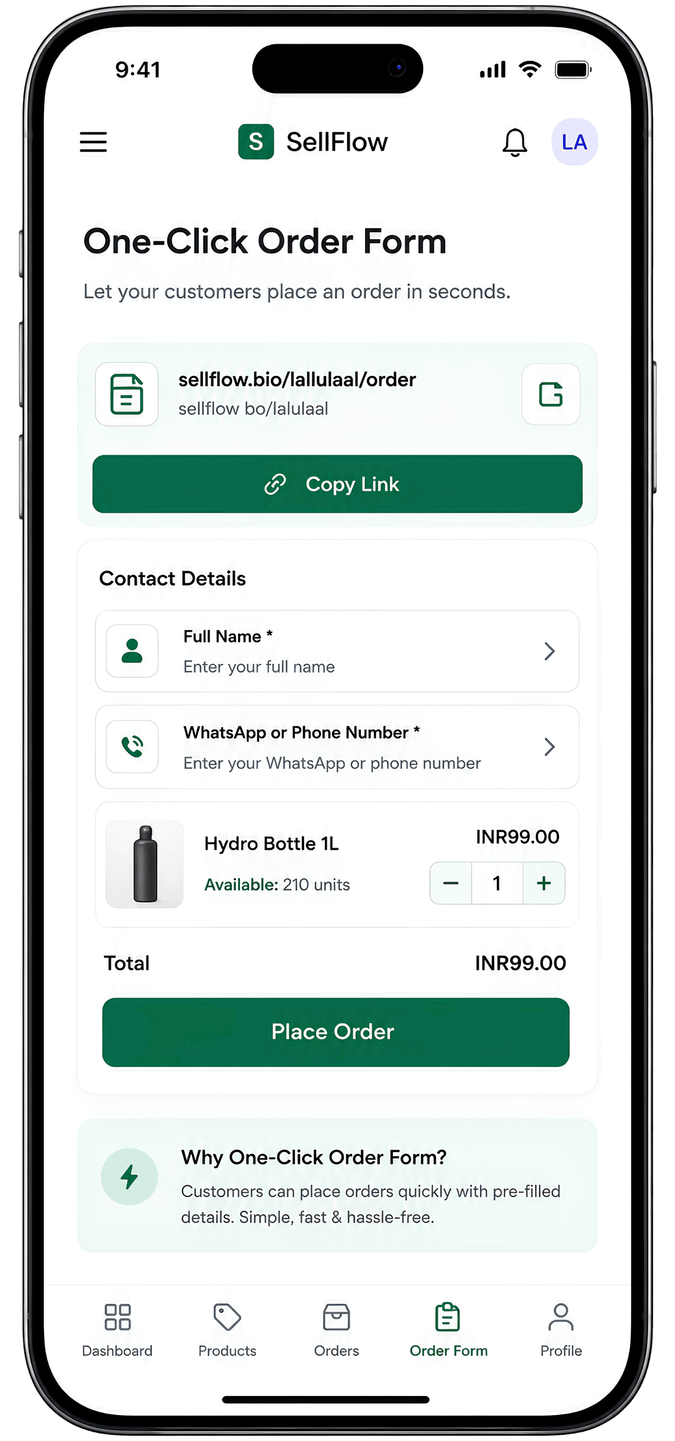 One-Click Order Form Screen